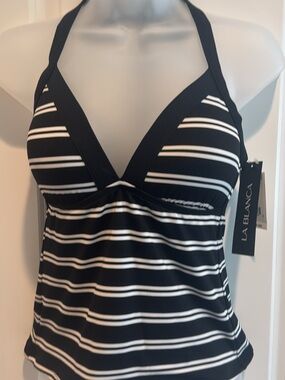 La Blanca Island Goddess Stripe Halter Tankini Top in black and white sz 6